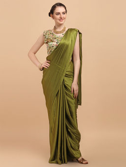Amrutam Fab - Womens Silk Olive Green Saree With Digital Printed Unstitched Blouse Piece