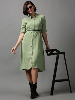 SHOWOFF - Womens Shirt Collar Solid Green Midi Dress (Set of 2)