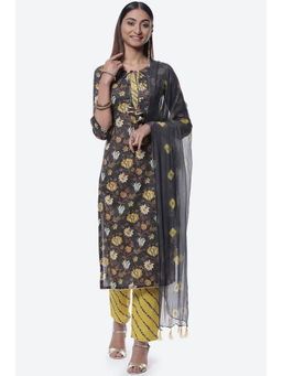 Biba - Black Cotton Unstitched Suit (Set of 3)