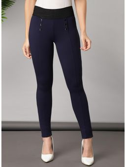 Lakshita - Navy Blue Long Elasticate Dated Jeggings With Button Detail