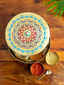 ExclusiveLane - Moroccan Hand-Etched Handpainted Spice Box with Spoon in Brass (7 Containers, 110 ml)