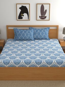 Home Ecstasy - Cotton Fitted Bedsheet with 2 Pillow Covers - Blue (King)