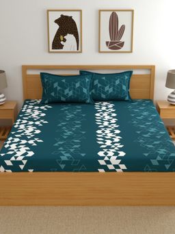 Dreamscape - Cotton Fitted Bedsheet with 2 Pillow Covers - Blue (King)