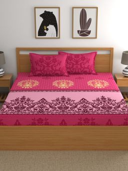 Dreamscape - Cotton Fitted Bedsheet with 2 Pillow Covers - Pink (King)