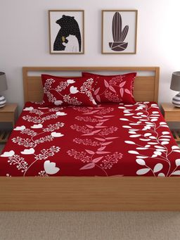Home Ecstasy - Cotton Fitted Bedsheet with 2 Pillow Covers - Red (King)
