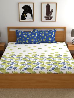 Dreamscape - Cotton Fitted Bedsheet with 2 Pillow Covers - Blue (King)