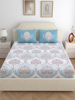 Dreamscape - Cotton Fitted Bedsheet with 2 Pillow Covers - Blue (King)