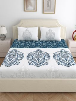 Dreamscape - Cotton Fitted Bedsheet with 2 Pillow Covers - Blue (King)