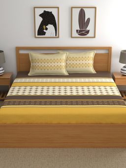 Home Ecstasy - Cotton Fitted Bedsheet with 2 Pillow Covers - Mustard (King)