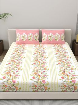 Dreamscape - Cotton Fitted Bedsheet with 2 Pillow Covers - Pink (King)