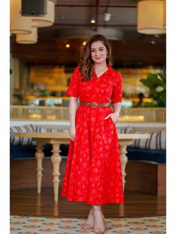 DIMPLE DESIGN STUDIO - Red Rose Cotton Midi Shirt Dress