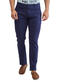 Parx - Tapered Fit Solid Dark Blue Casual Trouser