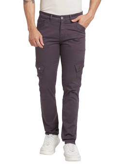 Parx - Tapered Fit Solid Dark Purple Casual Trouser