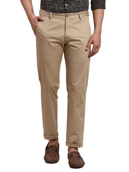 Parx - Tapered Fit Solid Medium Khaki Casual Trouser