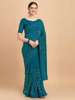 Amrutam Fab - Womens Sequences Vichitra Blooming Blue Saree With Unstitched Blouse Piece