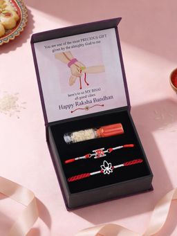 Ornate Jewels - 925 Silver Lotus Flower and Om Symbol Thread Rakhi with Roli Chawal (Pack Of 2)
