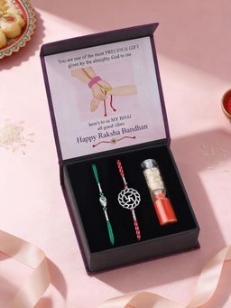 Ornate Jewels - 925 Silver Mor Pankh and Swastik Thread Rakhi with Roli Chawal (Pack Of 2)
