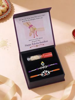 Ornate Jewels - 925 Silver Divine Lotus and Mor Pankh Thread Rakhi with Roli Chawal (Pack Of 2)