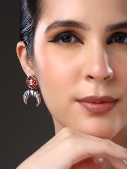 VENI - Pink Silver-Plated Artificial Stones Studded Oxidised Crescent Shaped Drop Earrings