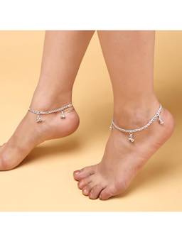ZENEME - Silver-Plated Alloy Braided Chain Anklet with Ghungroo Charms