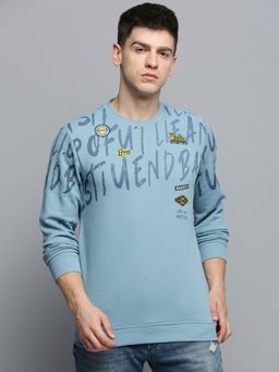 SHOWOFF - Mens Round Neck Printed Blue Pullover Sweatshirt