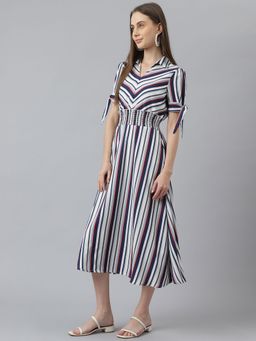 Latin Quarters - Blue Short Sleeves Shirt Collar Striped Midi Dress For Casual Wear