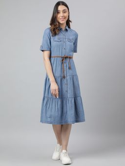 Latin Quarters - Blue Collar Neck Half Sleeves Knee Length Dresses For Casual