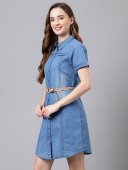 Latin Quarters - Blue Short Sleeves Shirt Collar Solid Mini Dress For Casual Wear
