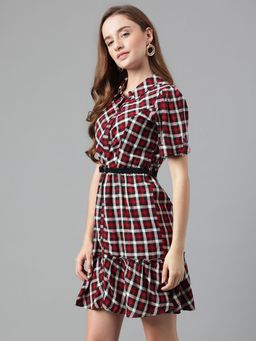 Latin Quarters - Red Short Sleeves Shirt Collar Checked Mini Dress For Casual Wear