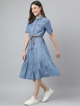 Latin Quarters - Blue Short Sleeves Shirt Collar Solid Knee Length Dress For Casual Wear
