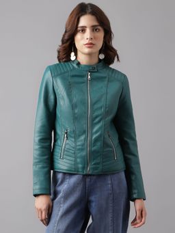 Latin Quarters - Green Mandarin Neck Full Sleeves Biker Jackets For Casual