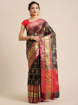 Banarasi Silk Works - Black & Red Rajkot Patola Art Silk Saree with Unstitched Blouse