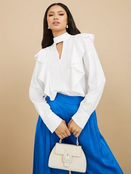 Styli - White Long Sleeves Cut Out Ruffle Blouse