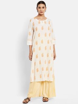 Fabindia - Natural-Orange Cotton Printed Long Kurta