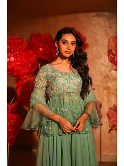 SWATHI VELDANDI - Ablaze Agate Green Peplum Top and Sharara with Dupatta (Set of 3)