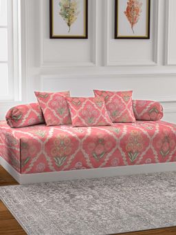 ARRABI - Peach Floral TC Cotton Blend Diwan Set of 6 (Double)