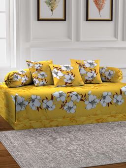 ARRABI - Yellow Floral TC Cotton Blend Diwan Set of 6 (Double)