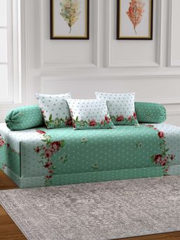 ARRABI - Green Floral TC Cotton Blend Diwan Set of 6 (Double)