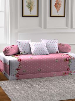 ARRABI - Pink Floral TC Cotton Blend Diwan Set of 6 (Double)