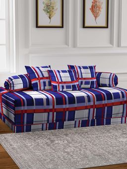 ARRABI - Blue Checks TC Cotton Blend Diwan Set of 6 (Double)