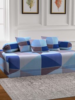 ARRABI - Blue Geometric TC Cotton Blend Diwan Set of 6 (Double)