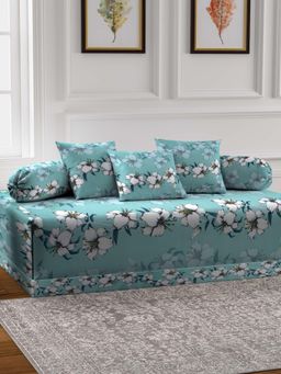 ARRABI - Green Floral TC Cotton Blend Diwan Set of 6 (Double)