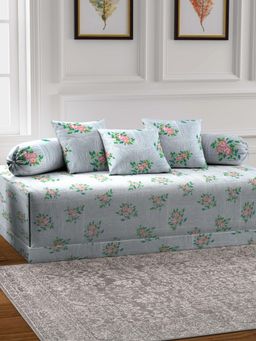 ARRABI - Grey Floral TC Cotton Blend Diwan Set of 6 (Double)