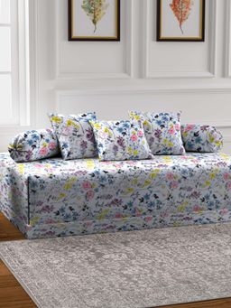 ARRABI - White Floral TC Cotton Blend Diwan Set of 6 (Double)