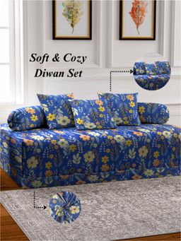 ARRABI - Blue Floral TC Cotton Blend Diwan Set of 6 (Double)