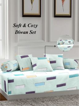 ARRABI - Green Geometric TC Cotton Blend Diwan Set of 6 (Double)