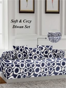 ARRABI - Navy Blue Floral TC Cotton Blend Diwan Set of 6 (Double)