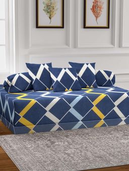 ARRABI - Navy Blue Geometric TC Cotton Blend Diwan Set of 6 (Double)