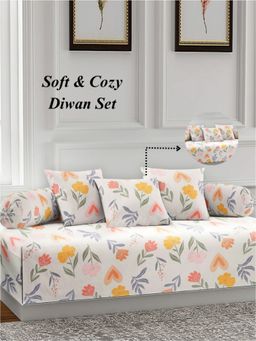 ARRABI - Cream Floral TC Cotton Blend Diwan Set of 6 (Double)