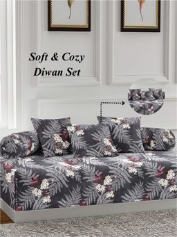 ARRABI - Grey Floral TC Cotton Blend Diwan Set of 6 (Double)